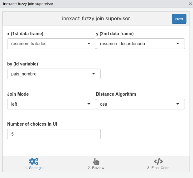 Primer panel de inexact, donde hay que seleccionar las opciones de unión.