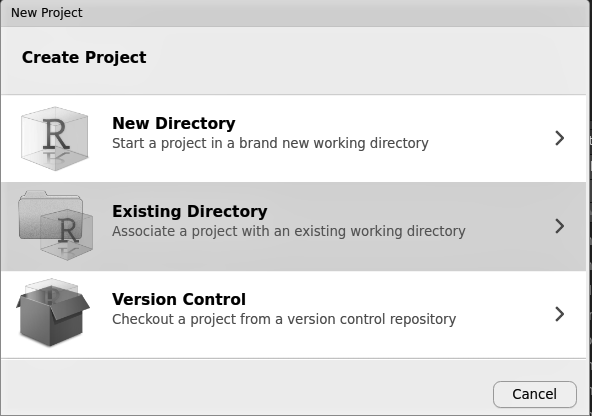 Creando un nuevo proyecto de RStudio en una carpeta ya existente.
