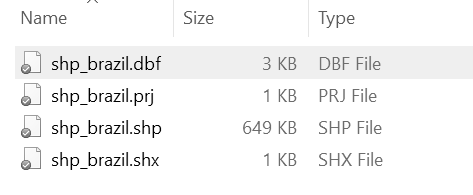 Ejemplo de una carpeta que contiene un shapefile en Windows. Ten en cuenta que el archivo .shp contiene la gran mayoría de la información.  Además, esta carpeta contiene un archivo .prj adicional