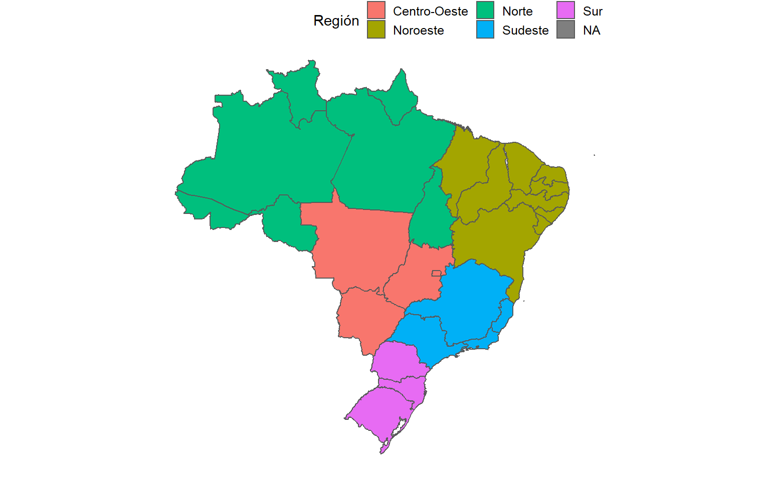  Mapa de los estados brasileños agrupados por región